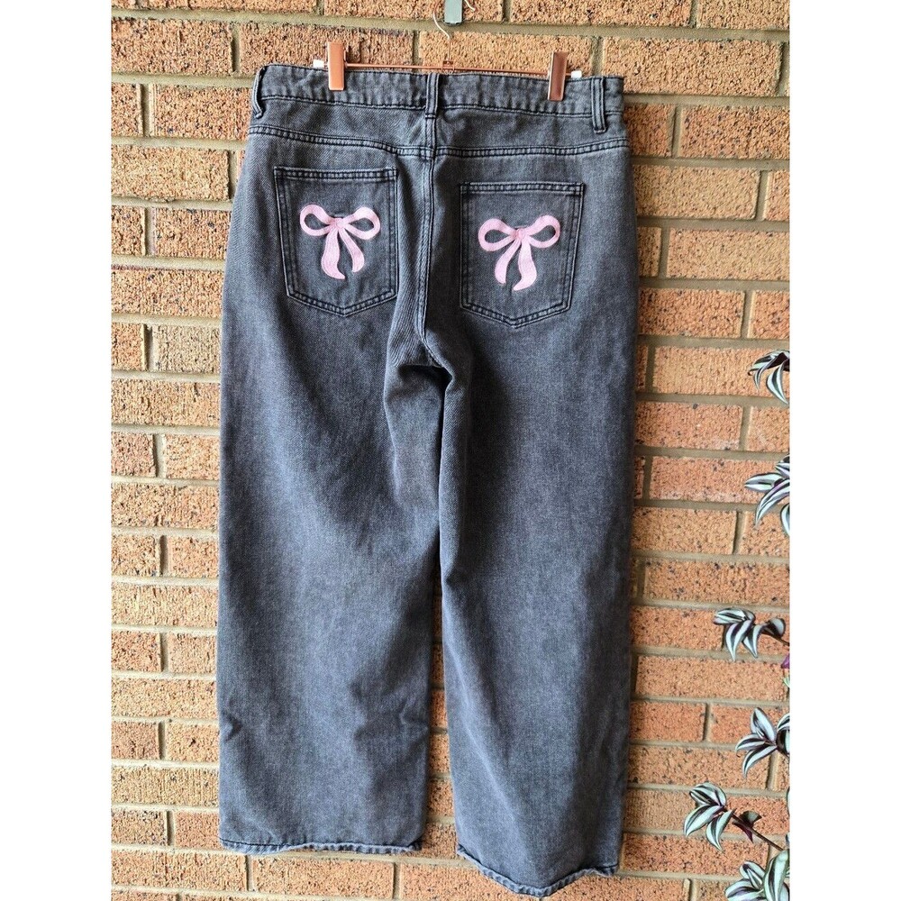 ​J FOR JUSTIFY Grey Acid Wash Wide Leg Jeans with Pink Embroidered Bows - Size L